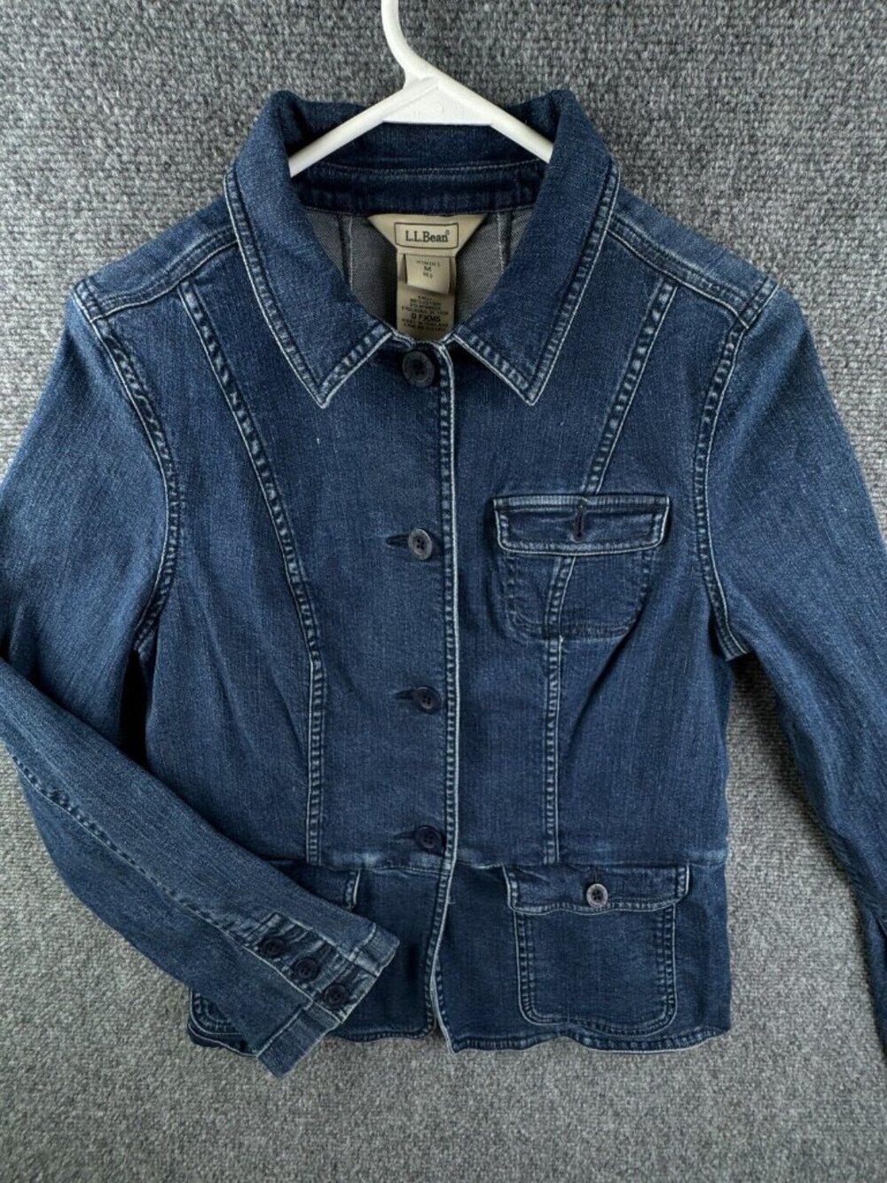 LL Bean Jacket Women Medium Reg Blue Denim Jean Button Up Cotton Spandex Ladies